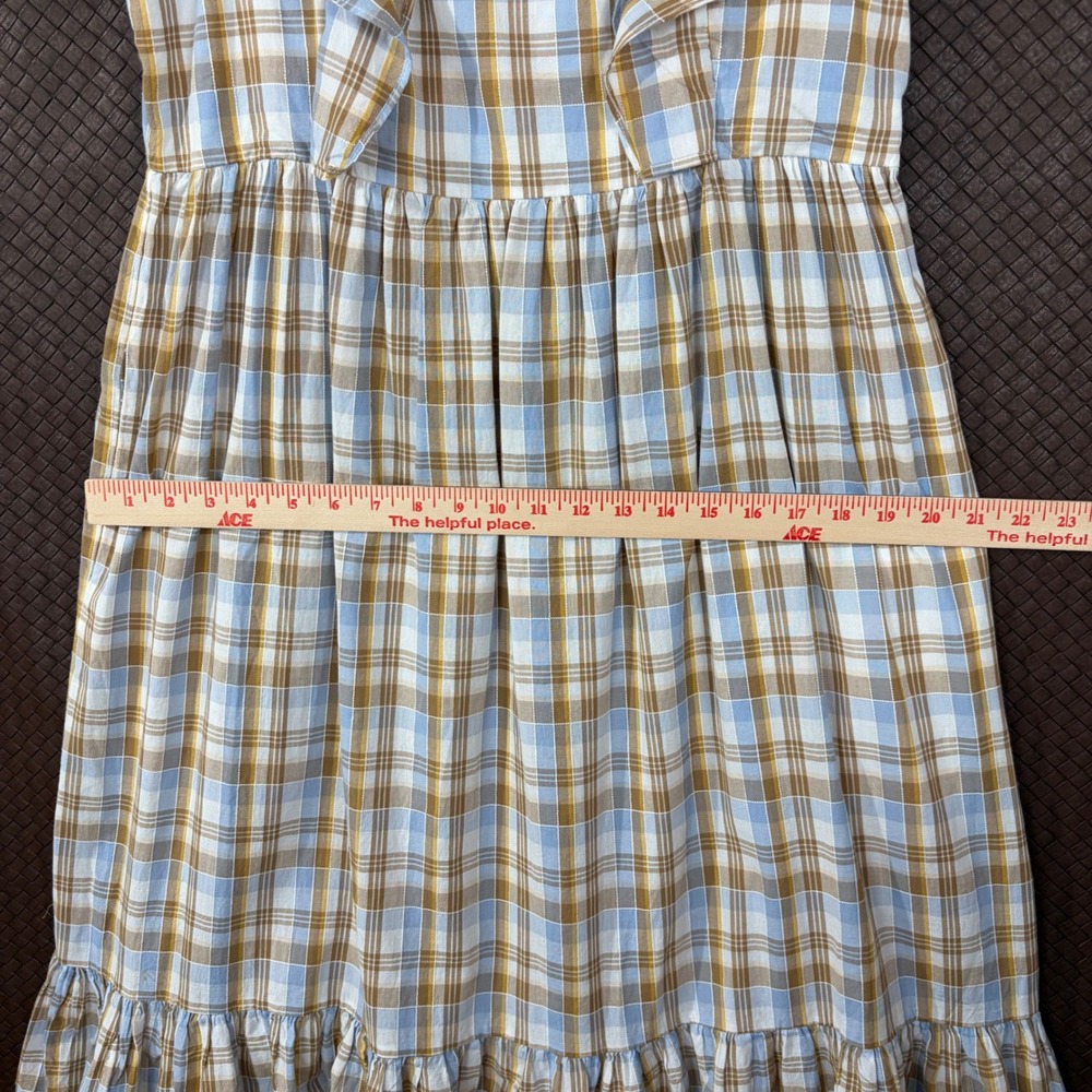 Madewell Plaid Ruffle Strap Smocked Midi Dress Blue Brown NF904 Size 10 - Picture 4 of 14